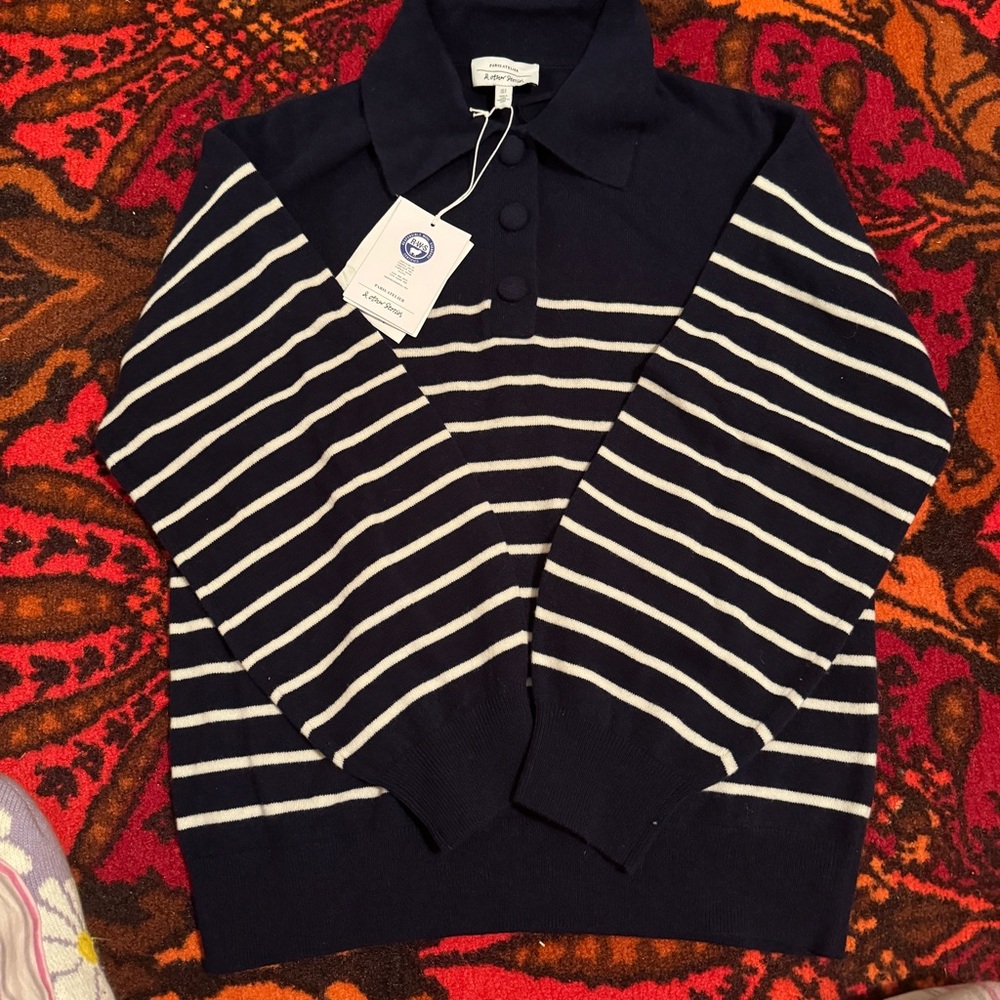 Other Stories wool stripes polo sweater in navy and white